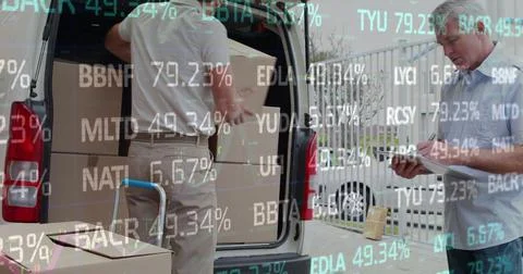 Image of financial data processing over delivery man loading up car outside of Illustrazione stock