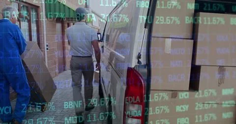 Image of financial data processing over delivery man loading up car outside of Stock Illustration