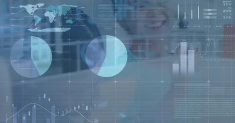 Image of financial data processing over happy schoolgirl Stockillustratie