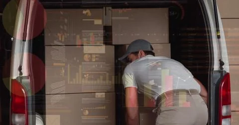 Image of financial data processing over delivery man unloading car outside of Illustrazione stock