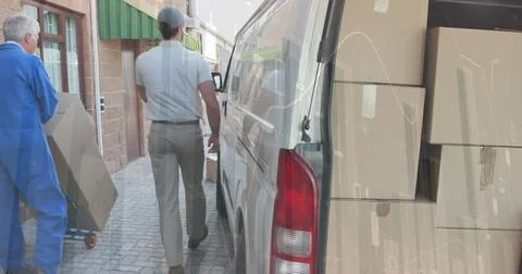 Image of financial data processing over delivery man loading up car outside of Illustrazione stock