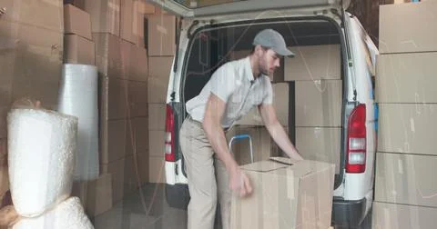 Image of financial data processing over delivery man loading up car outside of Stock Illustration