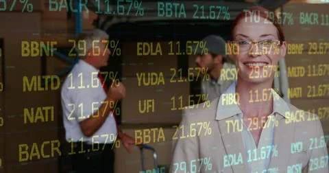 Image of financial data processing over delivery man loading up car outside of Illustrazione stock