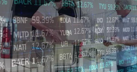 Image of financial data processing over delivery man loading up car outside of Illustrazione stock