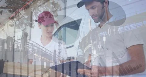Image of financial data processing over delivery man holding clipboard outside Stock Illustration