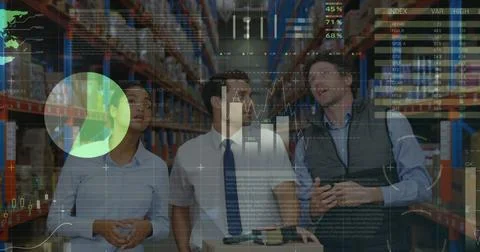 Image of financial data processing over people working in warehouse Ilustração Stock