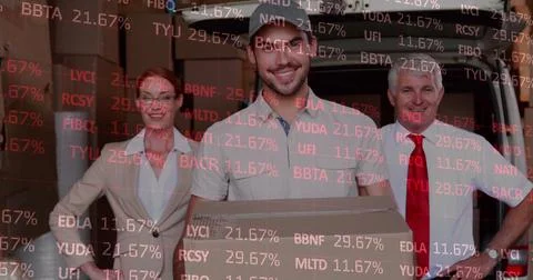 Image of financial data processing over delivery man with managers Stock Illustration