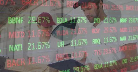 Image of financial data processing over delivery man and van Stock Illustration