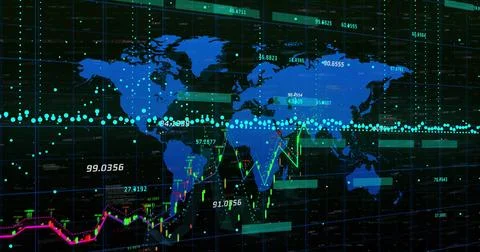 Image of financial data processing over world map Stock Illustration