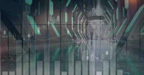 Image of financial data processing over diverse business people walking in Stock Illustration