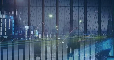 Image of financial data processing over cityscape at night Ilustração Stock