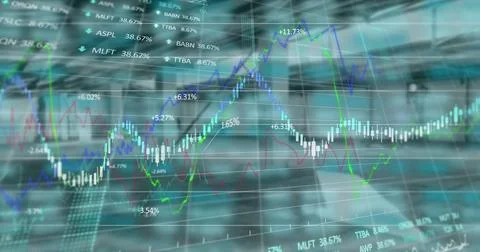 Image of financial data processing over empty warehouse Ilustração Stock