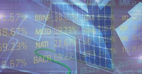 Image of financial data processing over solar panel Stockillustratie