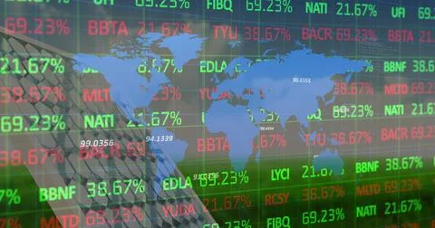 Image of financial data processing over world map and solar panel Illustrazione stock