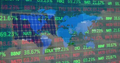 Image of financial data processing over world map and solar panel Stock Illustration