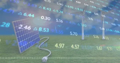 Image of financial data processing over wind turbines and solar panel Illustrazione stock