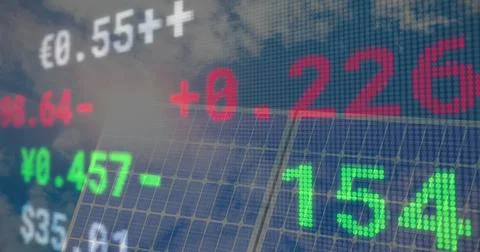 Image of financial data processing over solar panel イラスト素材