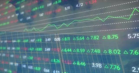 Image of financial data processing over solar panel イラスト素材