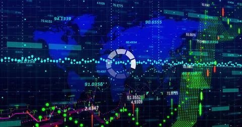 Image of financial data processing over world map Ilustração Stock