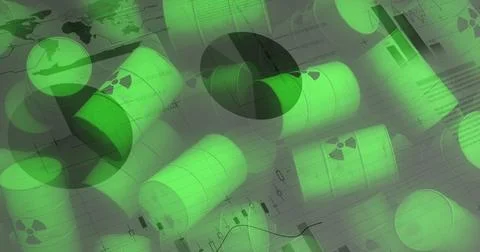 Image of financial data processing over barrels with radioactive symbol 스톡 일러스트