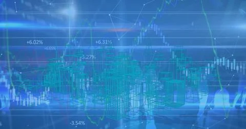 Image of financial data processing over 3d cityscape drawing Stock Illustration