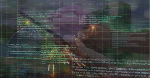 Image of financial data processing over caucasian woman using smartphone and イラスト素材