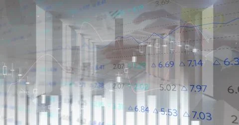 Image of financial data processing over caucasian woman using typing on keyboard Stock Illustration