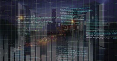 Image of financial data processing over cityscape Illustrazione stock