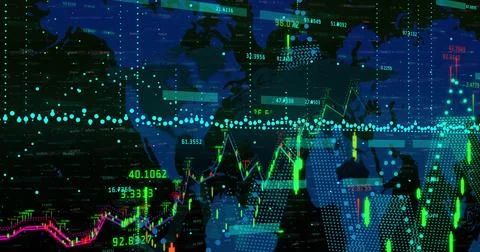 Image of financial data processing over black background Illustrazione stock