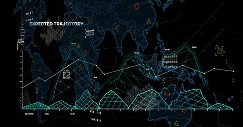 Image of financial data processing over world map on black background 스톡 일러스트