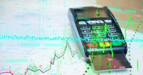 Image of financial data processing over credit card inserted into terminal Foto stock