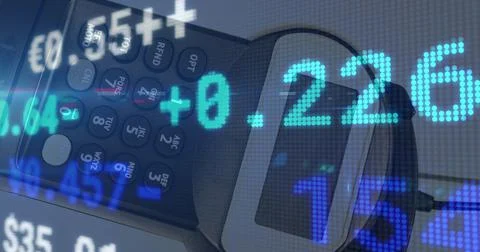 Image of financial data processing over credit card terminal 스톡 사진