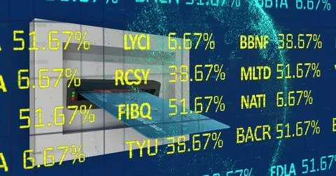 Image of financial data processing over credit card input device 스톡 사진