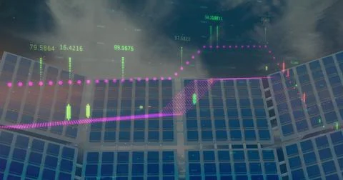Image of financial data processing over solar panels 스톡 사진