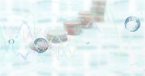 Image of financial data processing over stacks of coins 库存照片