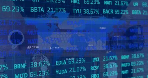 Image of financial data processing over desk with computer 写真素材