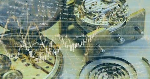 Image of financial data processing over machine parts Foto stock
