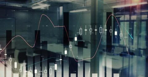 Image of financial data processing over office Foto stock