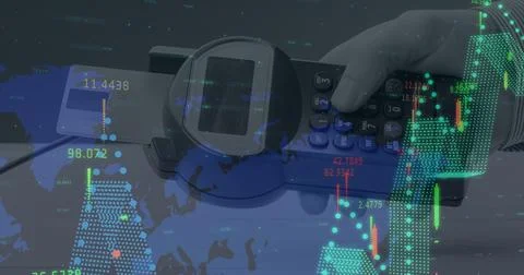 Image of financial data processing over payment terminal Stockfoto's