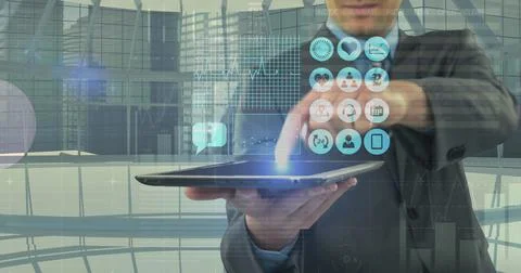 Image of financial data processing over man using tablet Foto stock