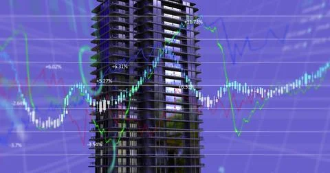 Image of financial data processing over building Stock Photos