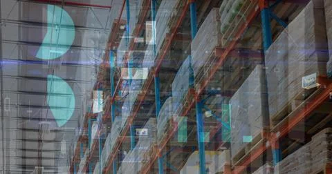 Image of financial data processing over empty warehouse Stock Photos