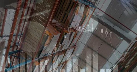 Image of financial data processing over empty warehouse Stock Photos