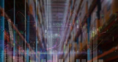 Image of financial data processing over empty warehouse Stock Photos