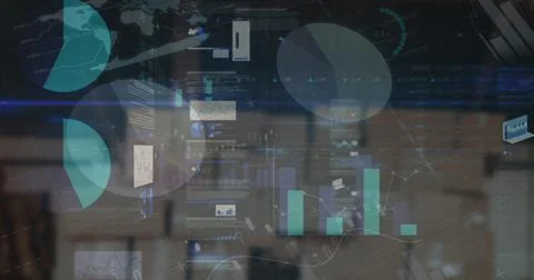 Image of financial data processing over empty warehouse Stock Photos