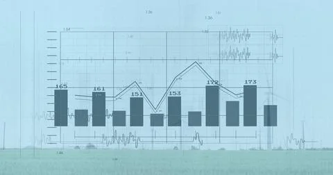 Image of financial data processing over wind turbines and landscape 스톡 사진
