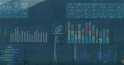 Image of financial data processing over wind turbines Foto stock