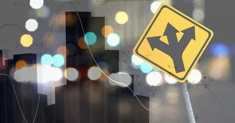 Image of financial data processing over road sign and cityscape 写真素材