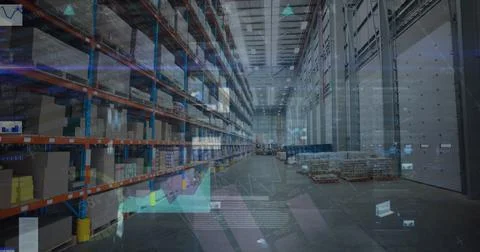Image of financial data processing over warehouse Foto stock