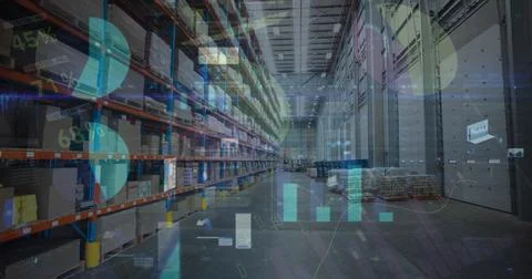 Image of financial data processing over warehouse Foto stock